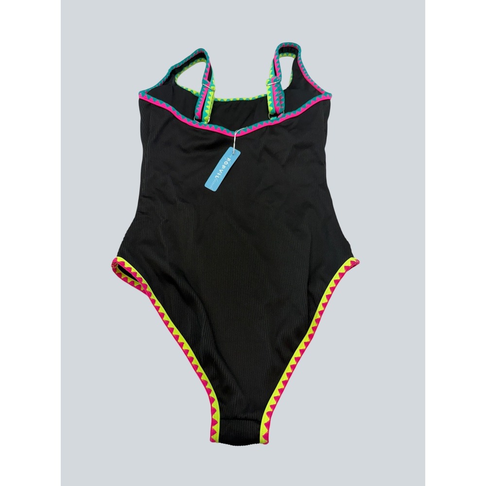 Popvil Womens Ribbed One Piece Swimsuit Black Neon Pink Yellow Trim High Cut NEW - Picture 2 of 12
